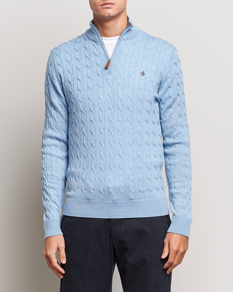 Herren |  | Morris | Merino Cable Half Zip Light Blue