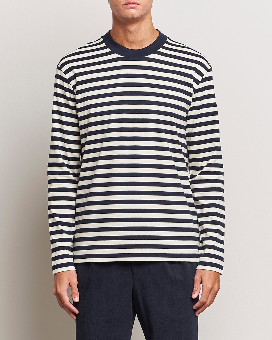 Herren |  | Sunspel | Heavyweight Mock Neck Long Sleeve T-Shirt Navy/Ecru