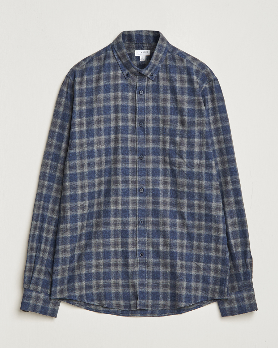 Herren |  | Sunspel | Brushed Cotton Flannel Shirt Grey/Blue Check