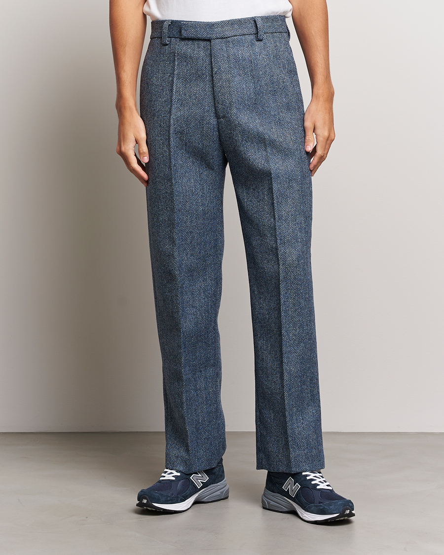 Herren | Stoffhosen | Palmes | Pleated Wool Trousers Navy Herringbone