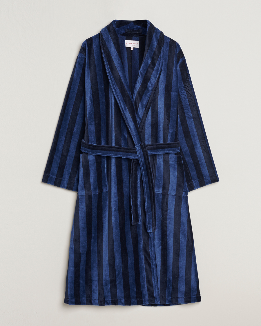 Herren | Schlafanzüge & Bademäntel | Derek Rose | Striped Cotton Velour Gown Navy
