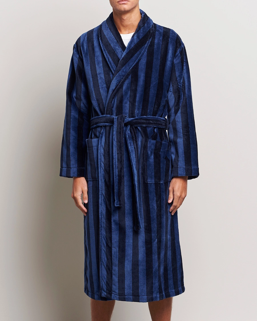 Herren | Morgenmantel | Derek Rose | Cotton Velour Striped Gown Navy/Blue