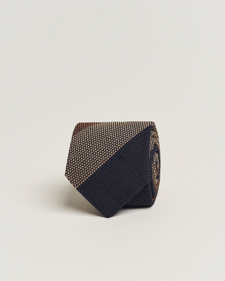 Herren | Amanda Christensen Silk Grenadine 8cm Block Striped Tie Brown/Navy/Beige | Amanda Christensen | Silk Grenadine 8cm Block Striped Tie Brown/Navy/Beige