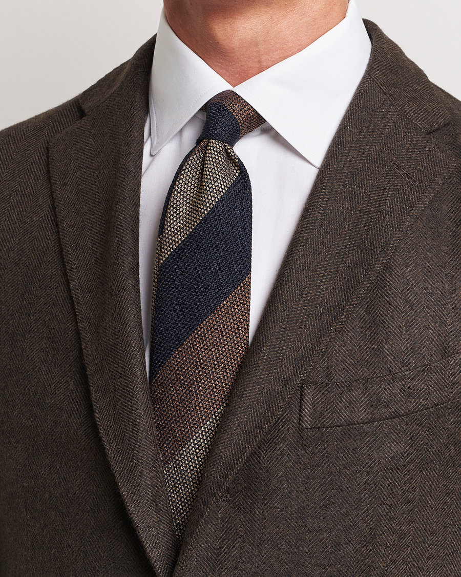Herren | Krawatten | Amanda Christensen | Silk Grenadine 8cm Block Striped Tie Brown/Navy/Beige