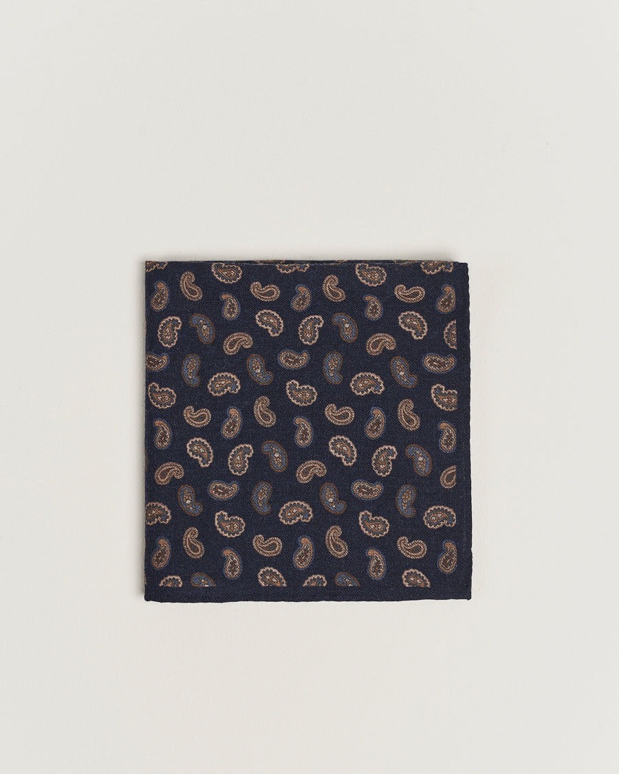 Herren | Amanda Christensen Wool Flannel Printed Paisley Pocket Square Navy | Amanda Christensen | Wool Flannel Printed Paisley Pocket Square Navy