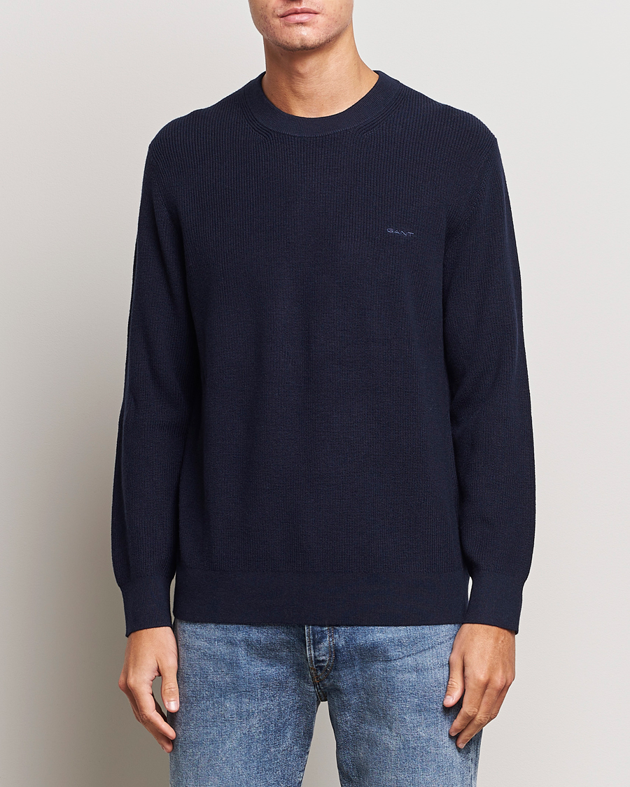 Herren |  | GANT | Cotton/Wool Rib Knitted Crew Neck Evening Blue