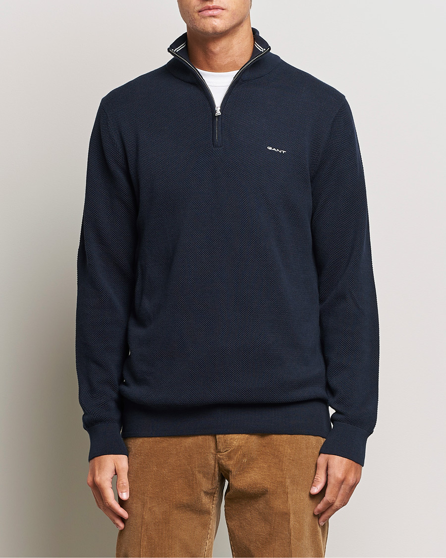 Herren | GANT | GANT | Cotton Pique Half-Zip Sweater Evening Blue