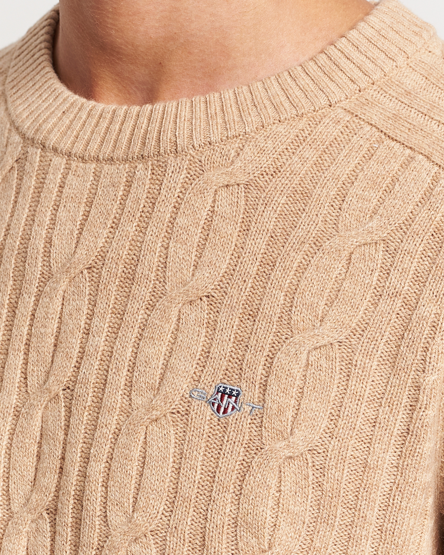 Herren | Pullover | GANT | Lambswool Cable Crew Neck Pullover Khaki Melange