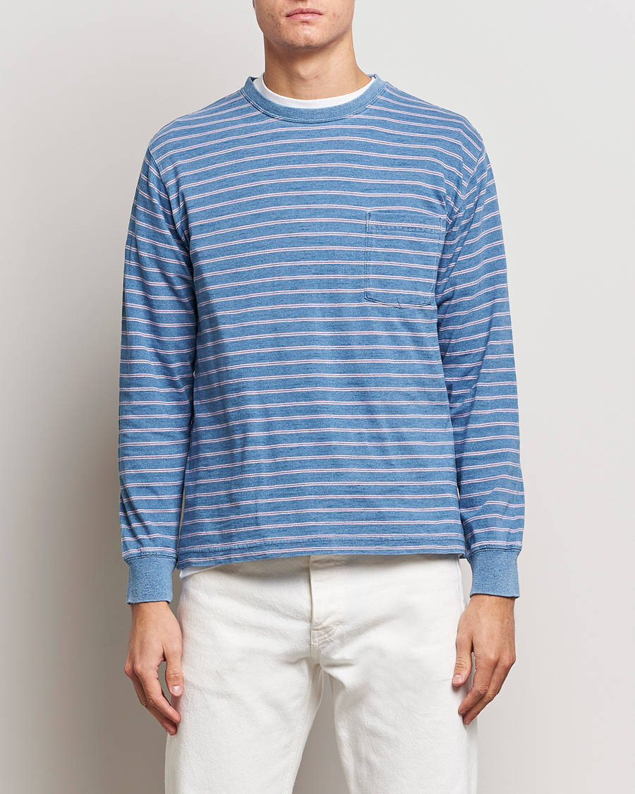 Herren | T-Shirts | BEAMS PLUS | Indigo Stripe Long Sleeve T-Shirt Light Blue