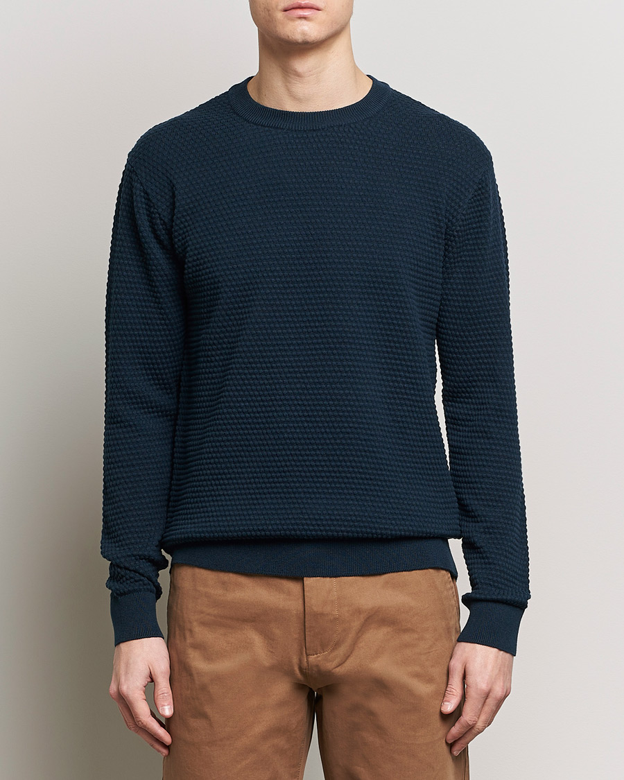 Men |  | KnowledgeCotton Apparel | Vagn Bubble Knit Cotton Crew Neck Total Eclipse