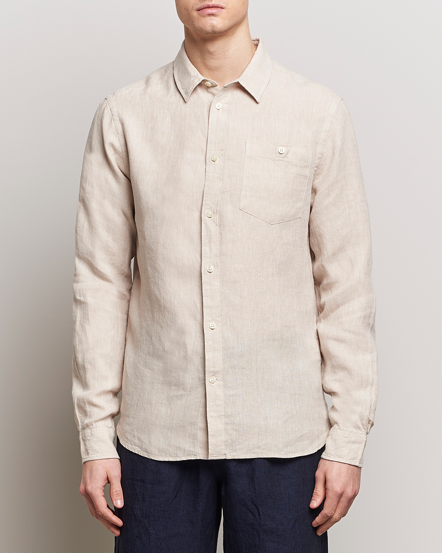 Men | Linen Shirts | KnowledgeCotton Apparel | Regular Linen Shirt Yarndyed Beige