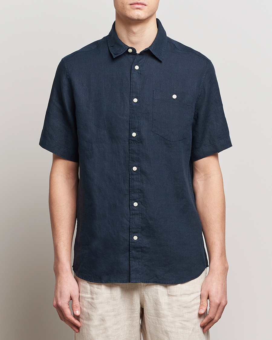 Herren | Kurzarmhemden | KnowledgeCotton Apparel | Regular Short Sleeve Linen Shirt Total Eclipse