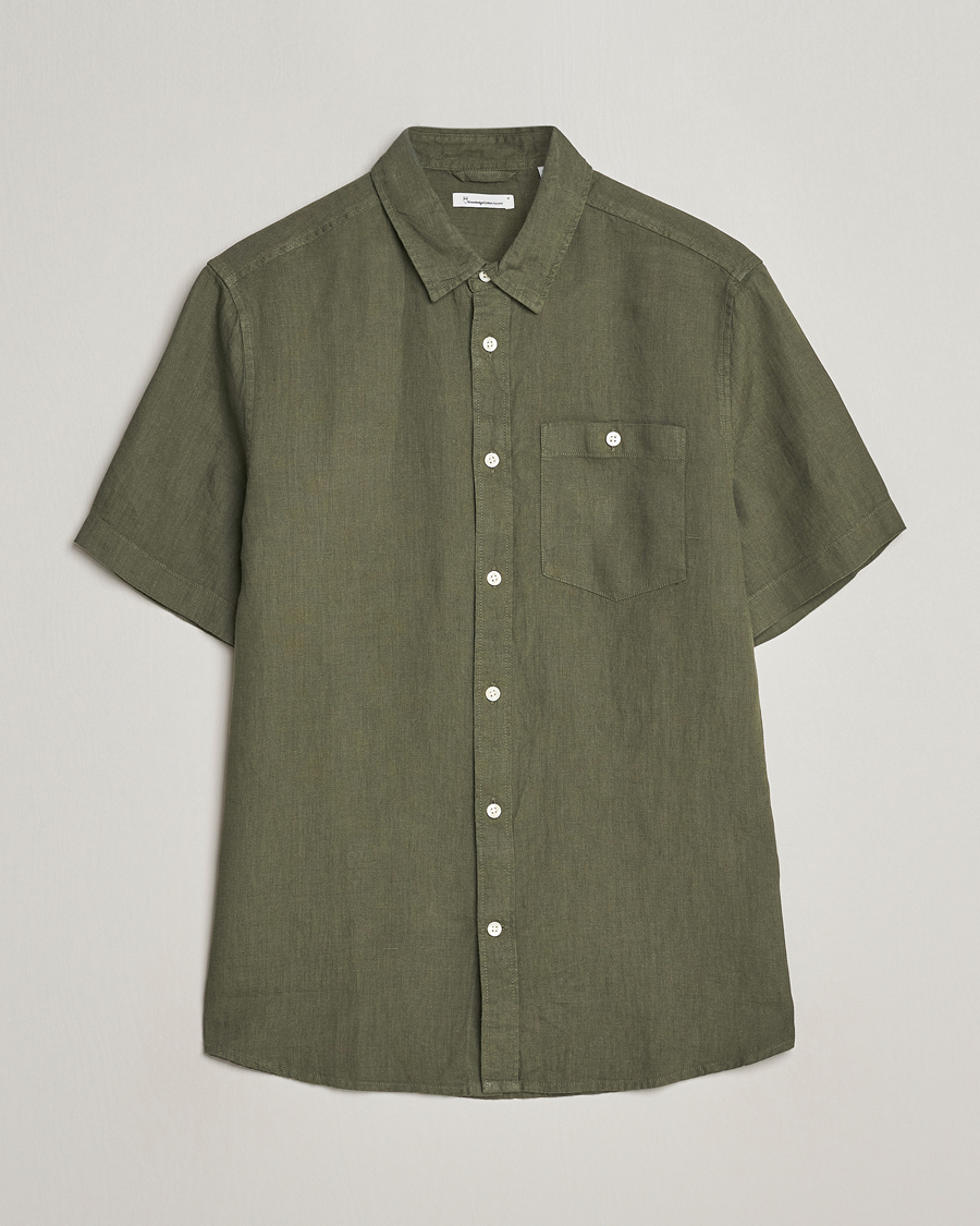 Herren | Hemden | KnowledgeCotton Apparel | Regular Short Sleeve Linen Shirt Burned Olive