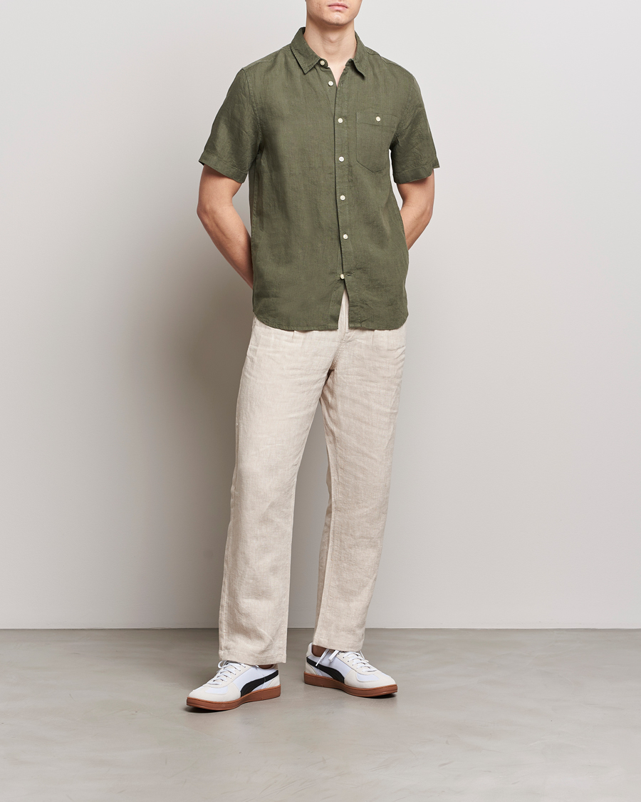Herren | Hemden | KnowledgeCotton Apparel | Regular Short Sleeve Linen Shirt Burned Olive