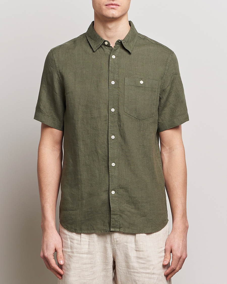 Herren |  | KnowledgeCotton Apparel | Regular Short Sleeve Linen Shirt Burned Olive