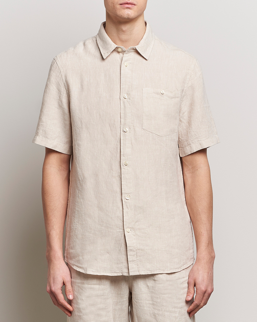 Herren | Hemden | KnowledgeCotton Apparel | Regular Short Sleeve Linen Shirt Yarndyed Beige