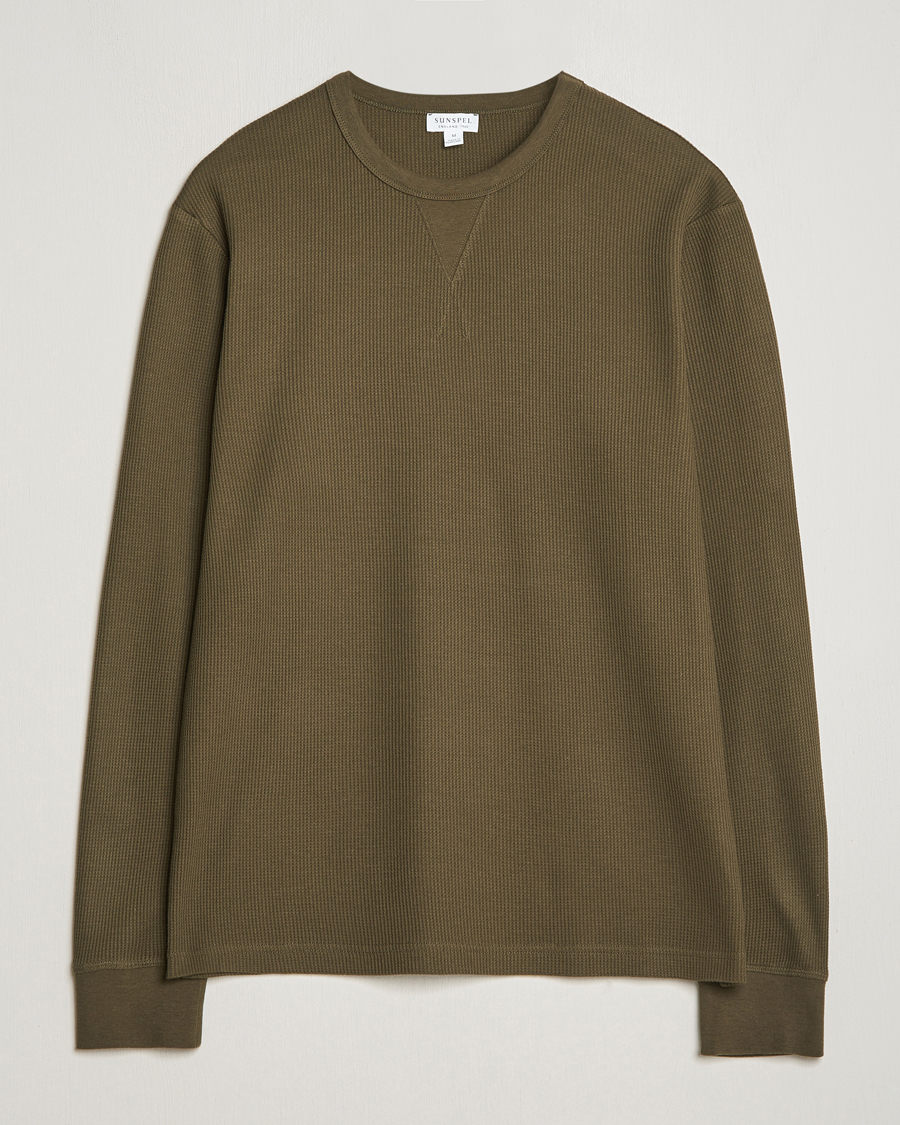 Herren | T-Shirts | Sunspel | Long Sleeve Waffle T-Shirt Dark Olive
