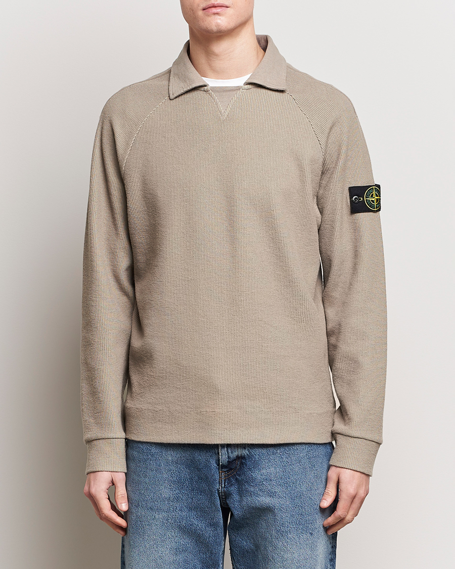 Herren |  | Stone Island | Cotton Nylon Ribbed Fleece Poloshirt Dove Grey