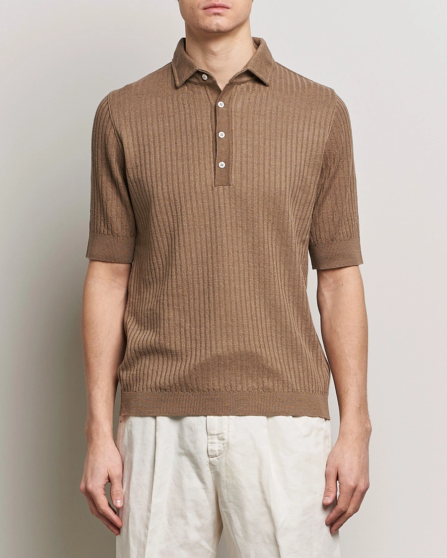 Herren |  | Lardini | Structured Linen/Cotton Polo Brown