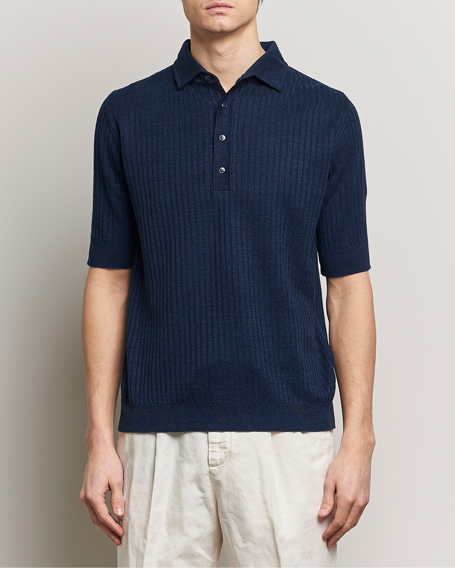 Herren |  | Lardini | Structured Linen/Cotton Polo Navy