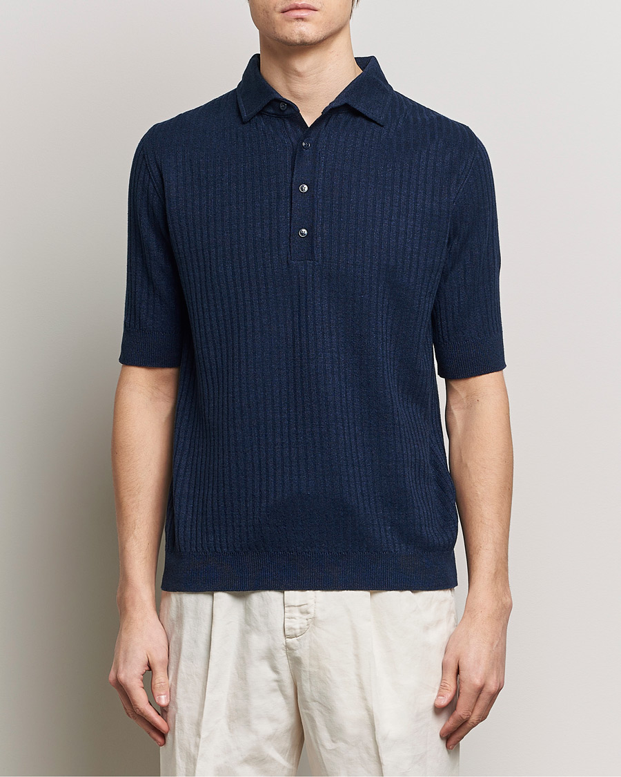 Herr | Lardini | Lardini | Structured Linen/Cotton Polo Navy