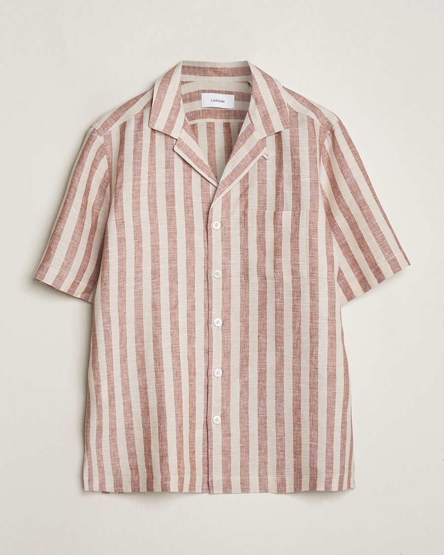 Herren | Hemden | Lardini | Striped Short Sleeve Linen Shirt Beige/Red