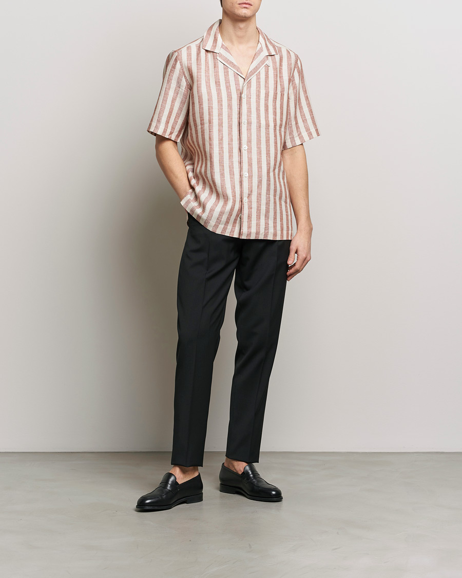 Herren | Hemden | Lardini | Striped Short Sleeve Linen Shirt Beige/Red