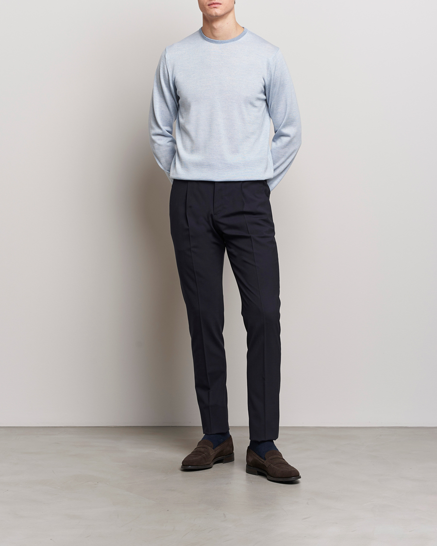 Herren | Pullover | Stenströms | Merino Contrast Crew Neck Light Blue