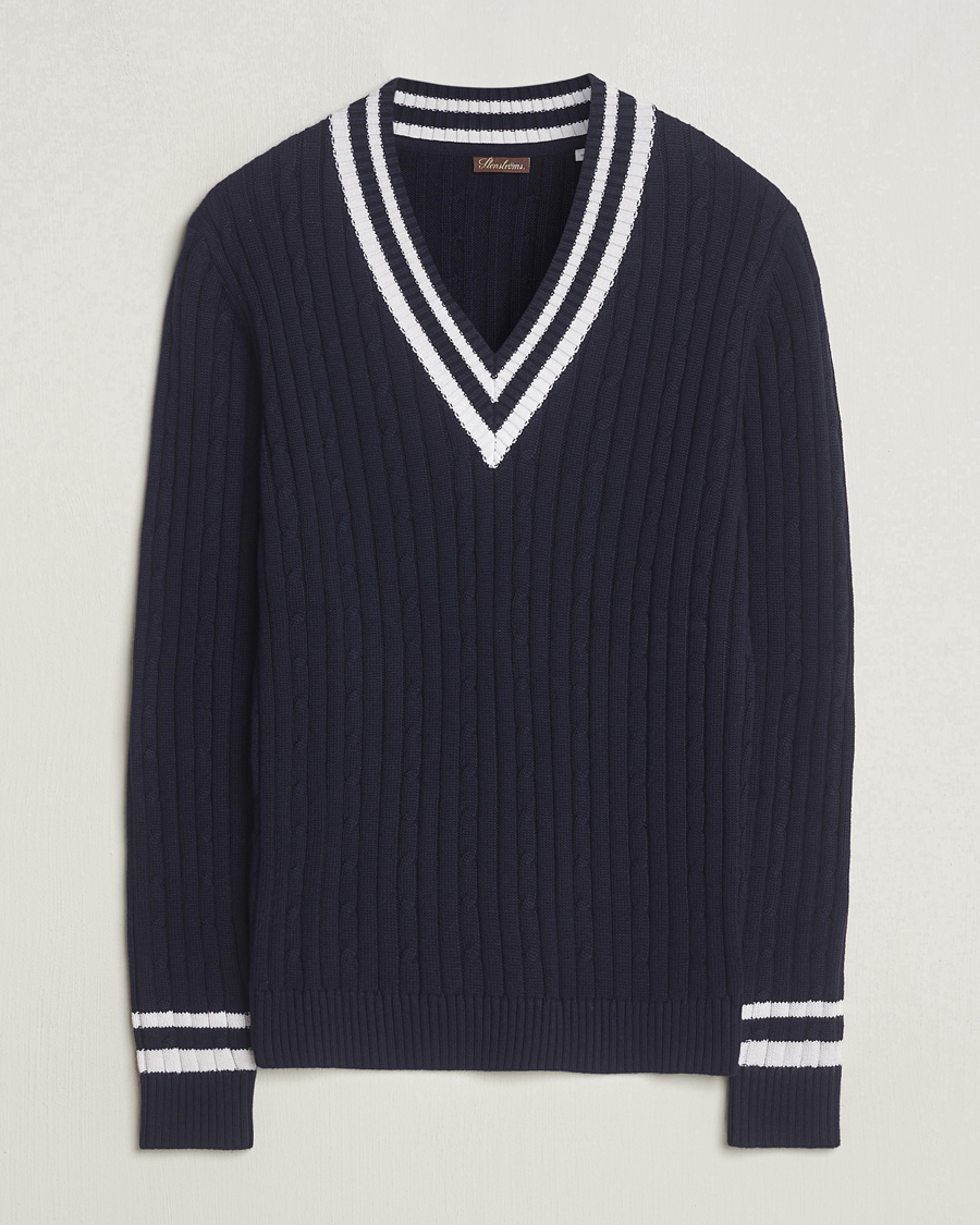 Herren | Pullover | Stenströms | Cotton/Cashmere Cable V-Neck Navy