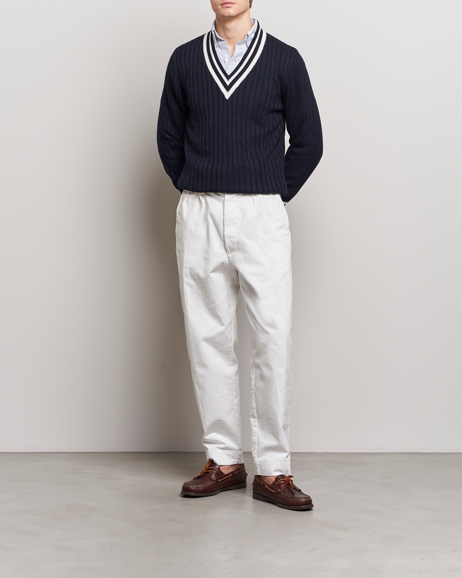 Herren | Pullover | Stenströms | Cotton/Cashmere Cable V-Neck Navy