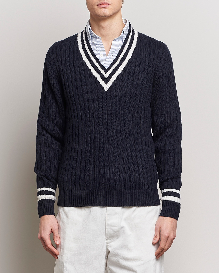 Herren | Strickpullover | Stenströms | Cotton/Cashmere Cable V-Neck Navy