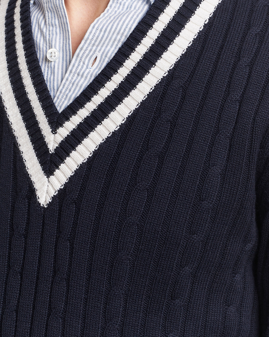 Herren | Pullover | Stenströms | Cotton/Cashmere Cable V-Neck Navy