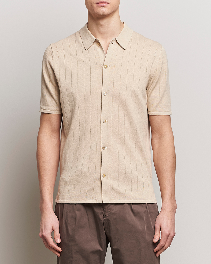 Herren | Poloshirt | Stenströms | Linen/Cotton Rib Knitted Buttonthru Shirt Beige