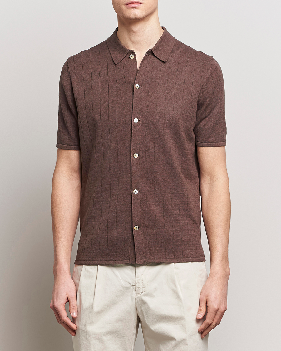 Herren | Poloshirt | Stenströms | Linen/Cotton Rib Knitted Buttonthru Shirt Brown
