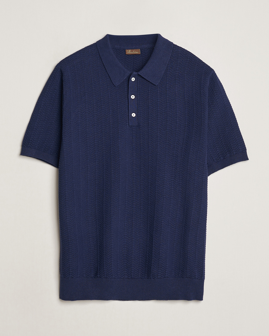 Herren | Poloshirts | Stenströms | Linen/Cotton Crochet Knitted Polo Shirt Navy