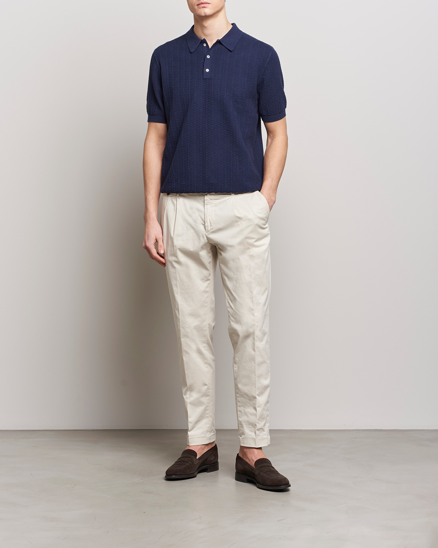 Herren | Poloshirts | Stenströms | Linen/Cotton Crochet Knitted Polo Shirt Navy