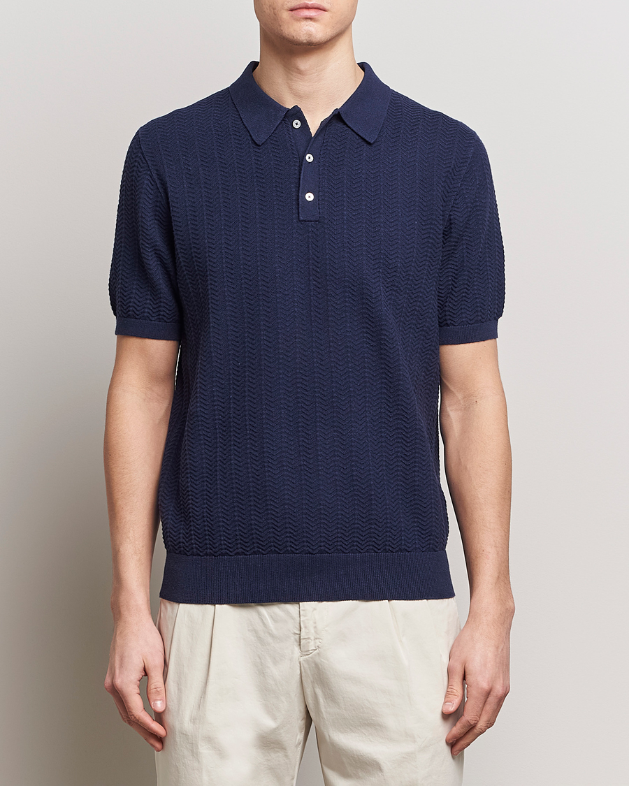 Men |  | Stenströms | Linen/Cotton Crochet Knitted Polo Shirt Navy