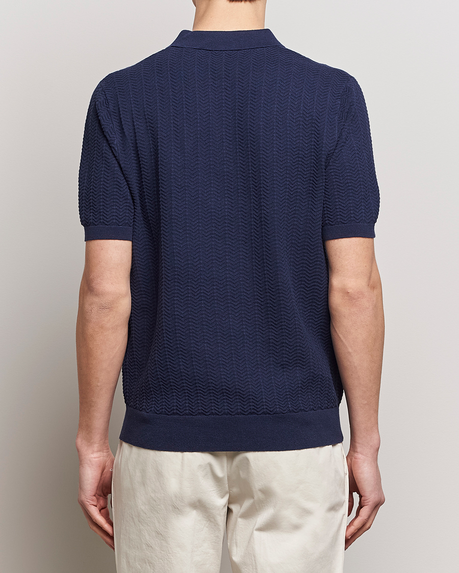 Herren | Poloshirts | Stenströms | Linen/Cotton Crochet Knitted Polo Shirt Navy