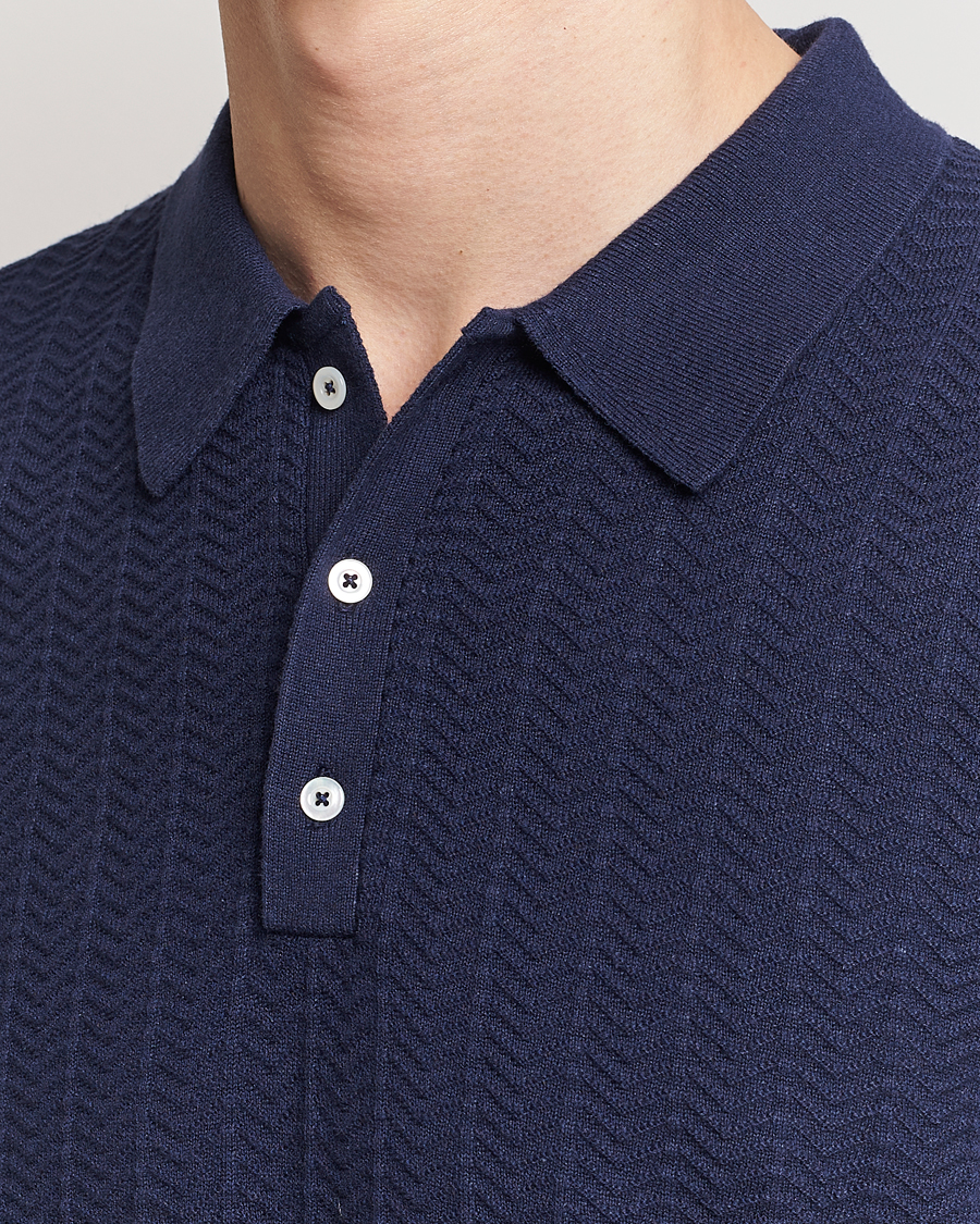 Herren | Poloshirts | Stenströms | Linen/Cotton Crochet Knitted Polo Shirt Navy