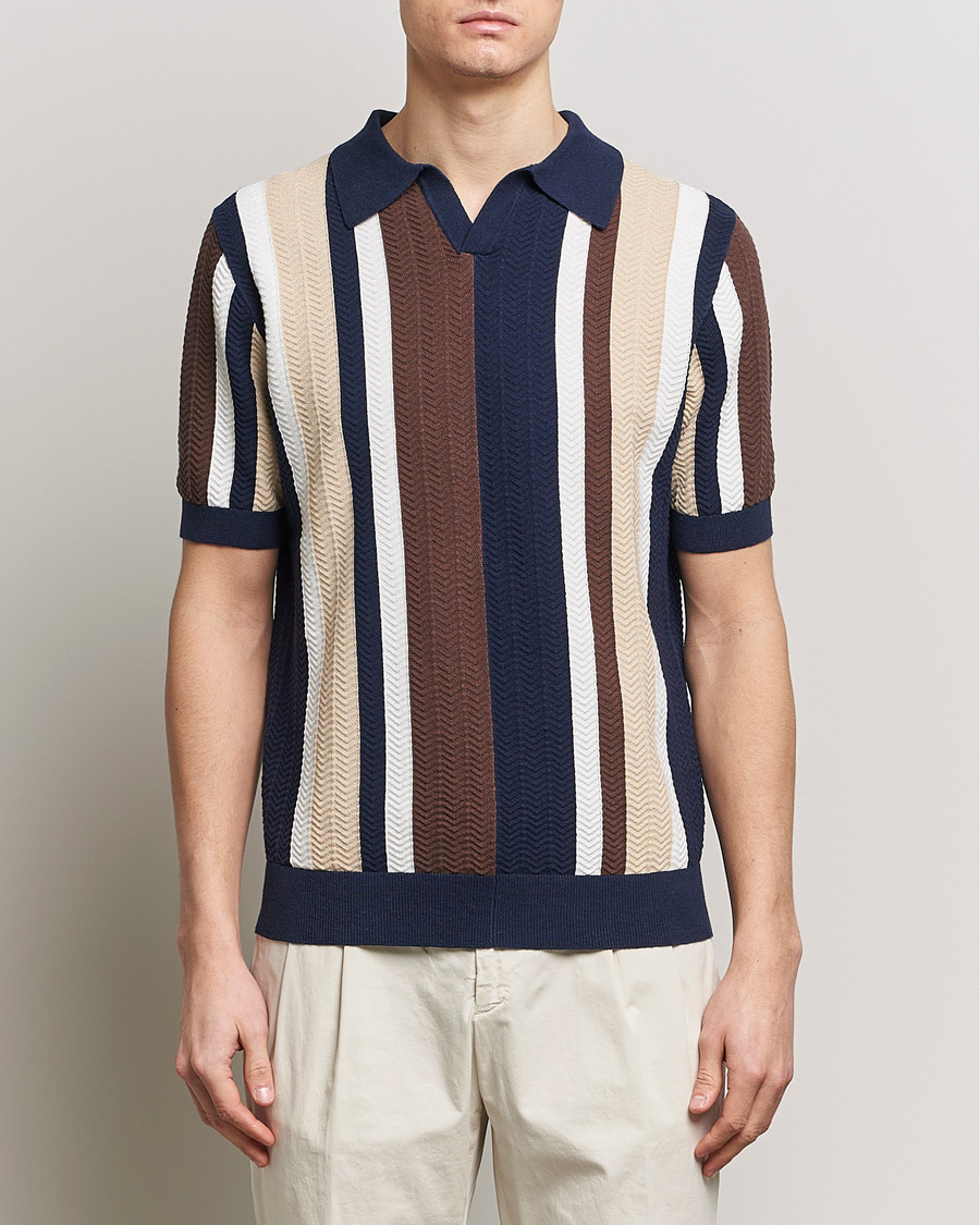 Herren | Poloshirt | Stenströms | Linen/Cotton Striped Crochet Knitted Polo Multi