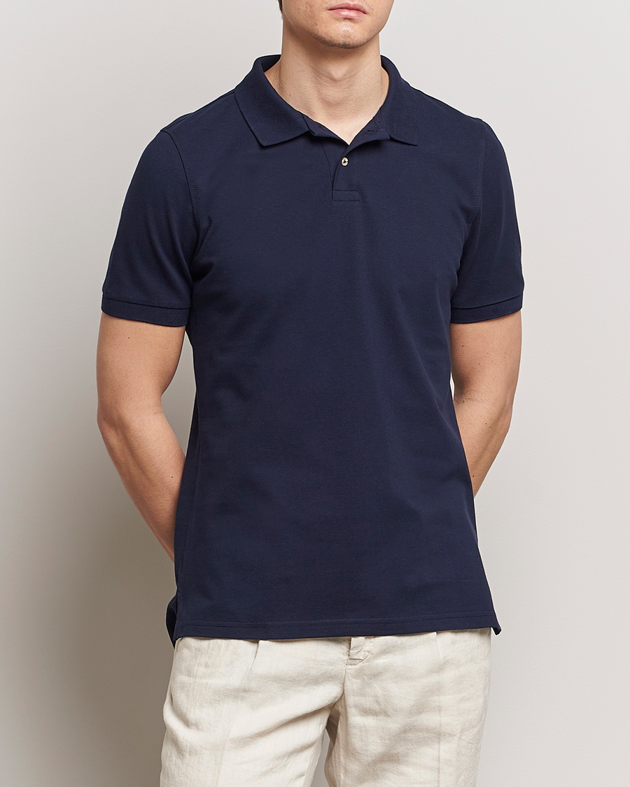 Herren | Kurzarm-Poloshirts | Stenströms | Organic Cotton Piquet Polo Shirt Navy