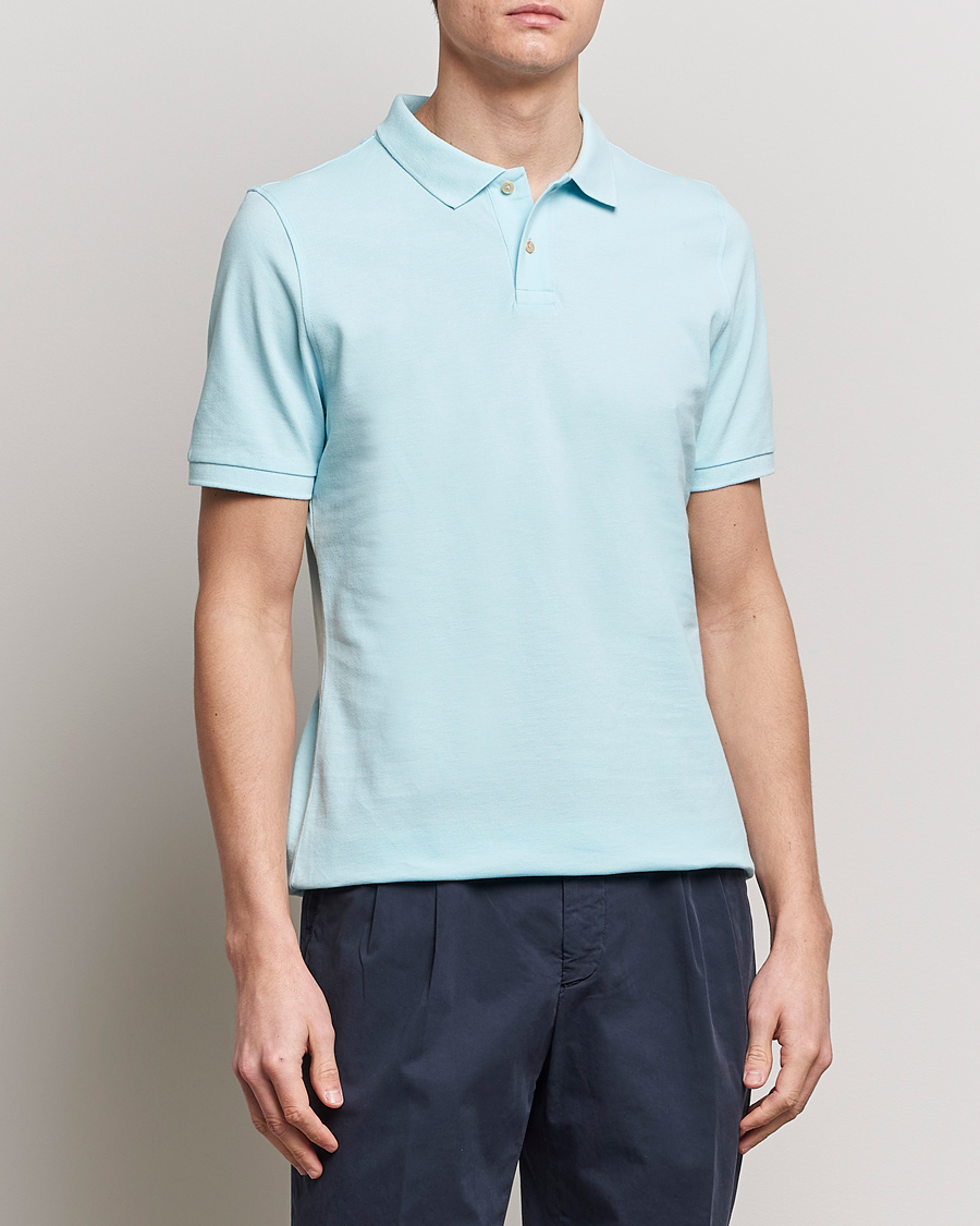 Herren | Kurzarm-Poloshirts | Stenströms | Organic Cotton Piquet Polo Shirt Aqua Blue