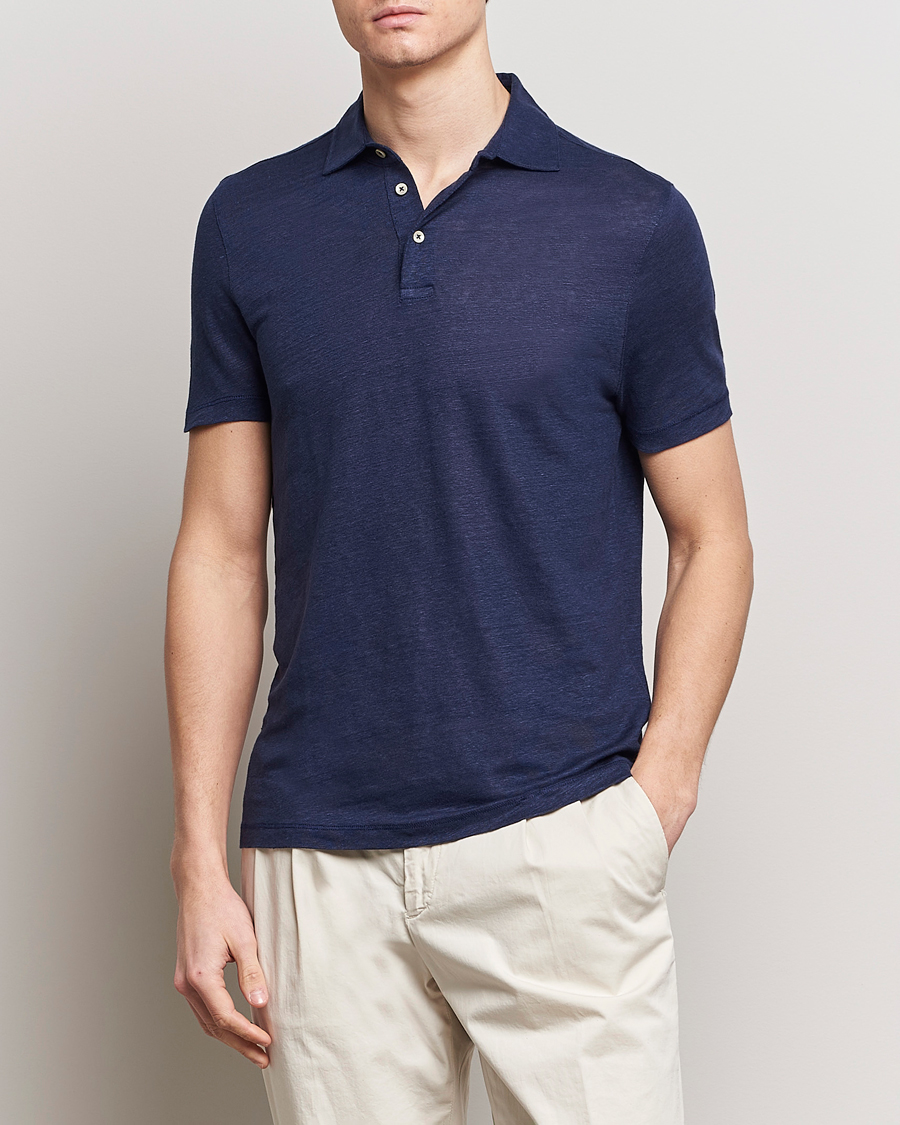 Herren | Kurzarm-Poloshirts | Stenströms | Linen Polo Shirt Navy