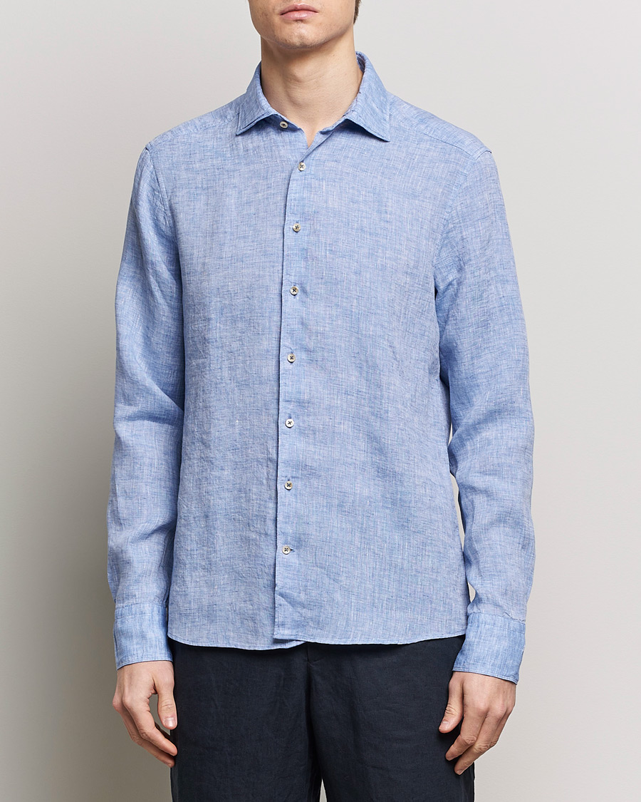 Men |  | Stenströms | Slimline Cut Away Linen Shirt Blue