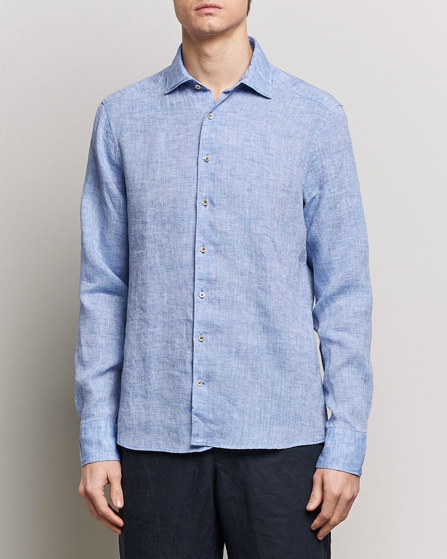 Herren | Hemden | Stenströms | Slimline Cut Away Linen Shirt Blue