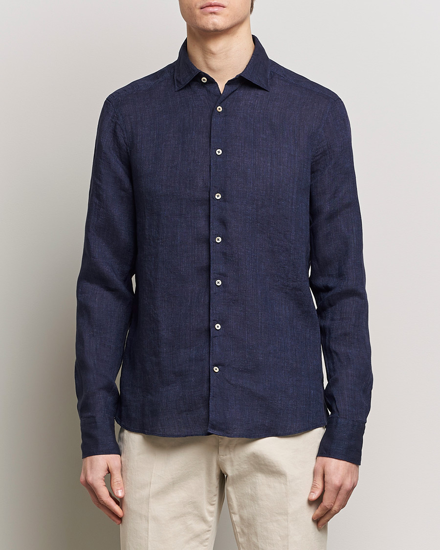 Herren | Freizeithemden | Stenströms | Slimline Cut Away Linen Shirt Navy