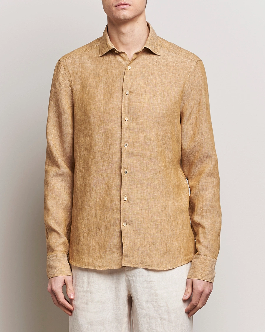 Men | Clothing | Stenströms | Slimline Cut Away Linen Shirt Brown