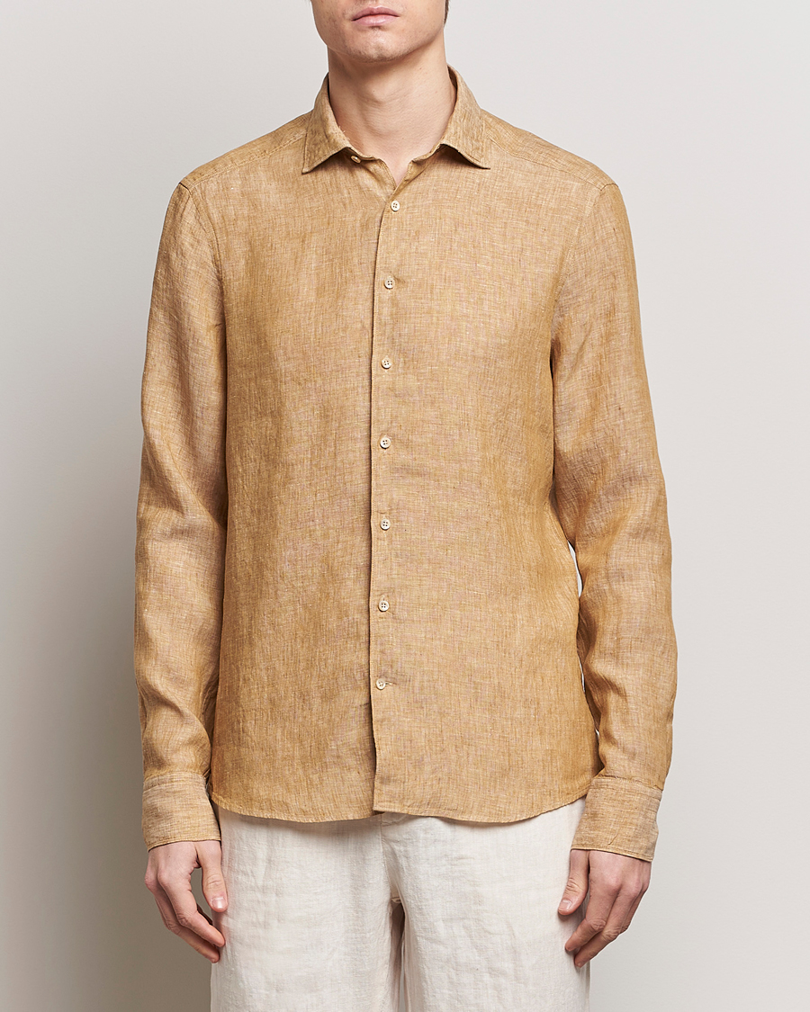 Herren | Leinenhemden | Stenströms | Slimline Cut Away Linen Shirt Brown