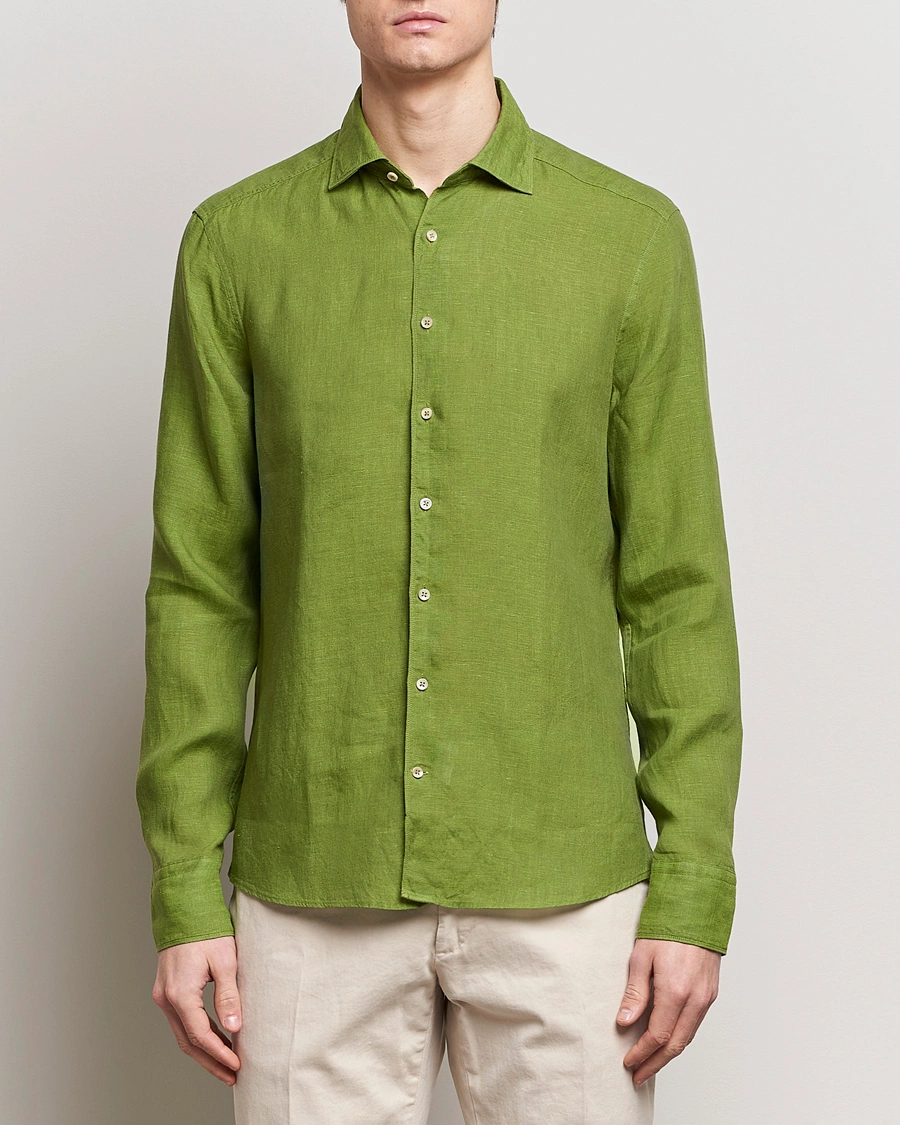 Men | Shirts | Stenströms | Slimline Cut Away Linen Shirt Green