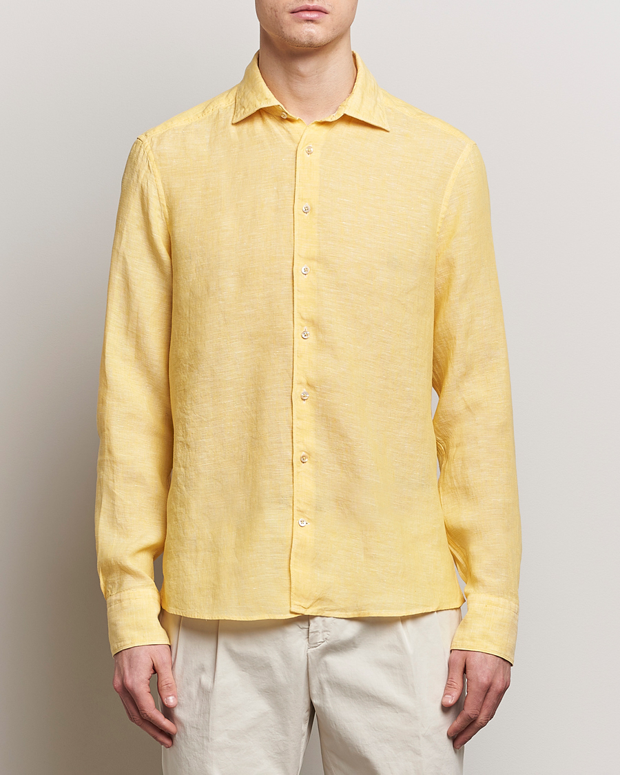 Men | Business & Beyond | Stenströms | Slimline Cut Away Linen Shirt Yellow